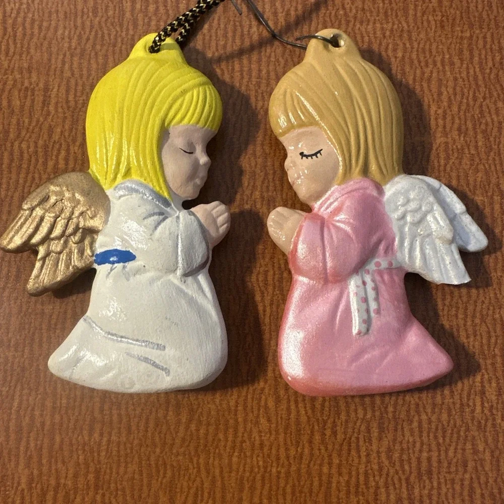Vintage‎ Christmas Ornaments Girl Angels Hand Painted Ceramic Both Sides
